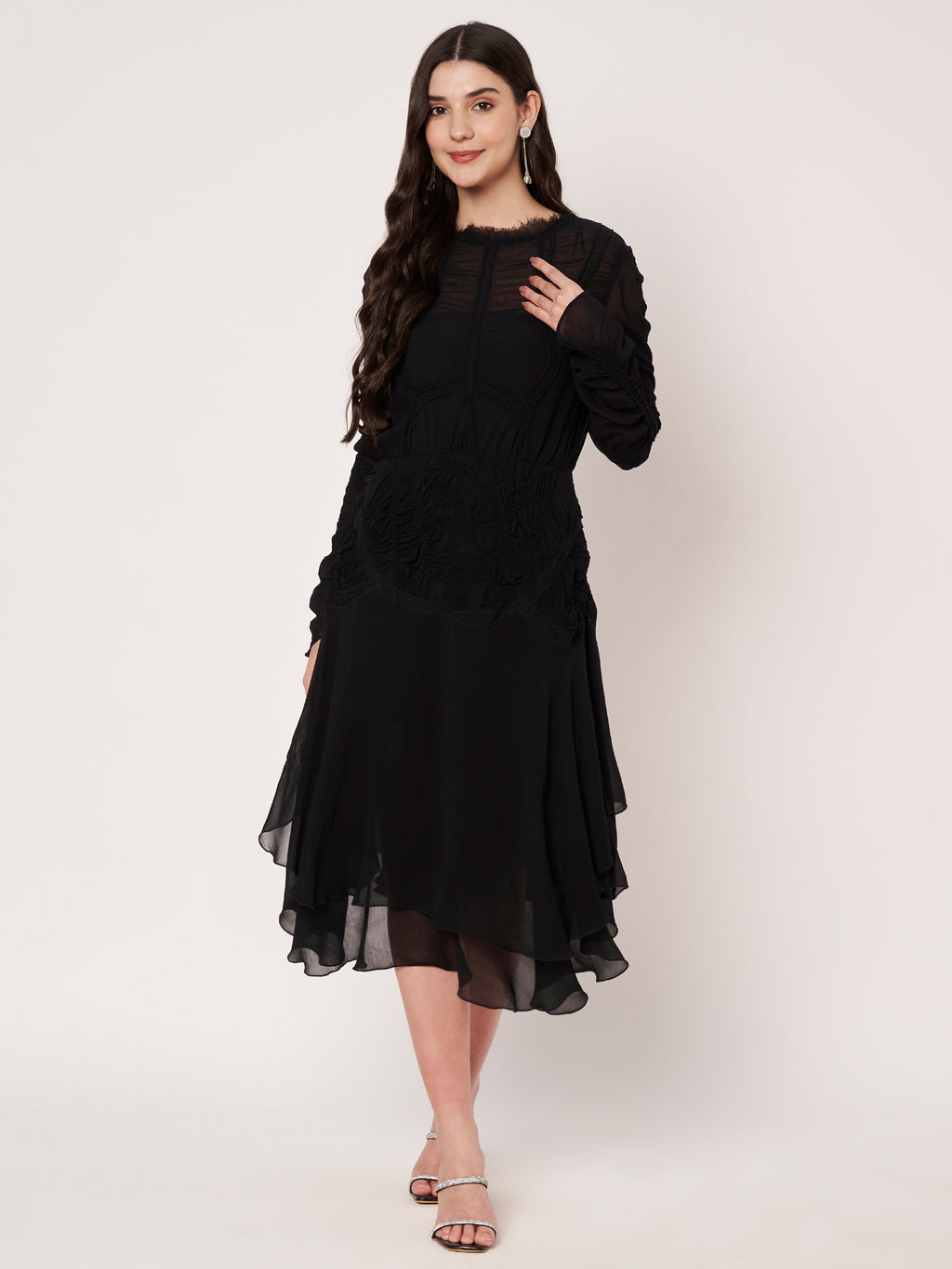 Black Ruched Look Midi Dress