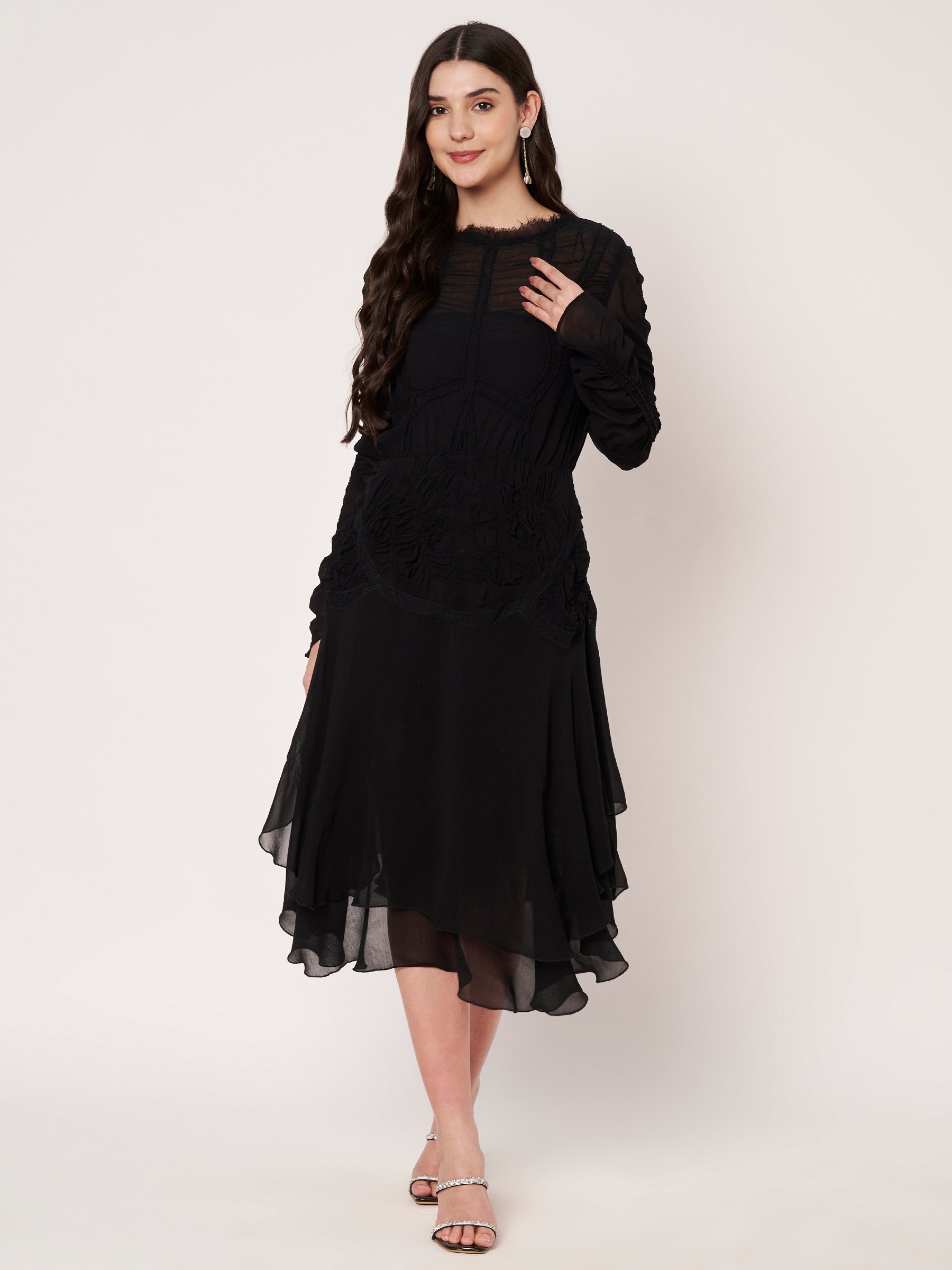 Black Ruched Look Midi Dress