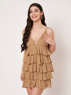 Beige Ruffle Tiered Mini Dress