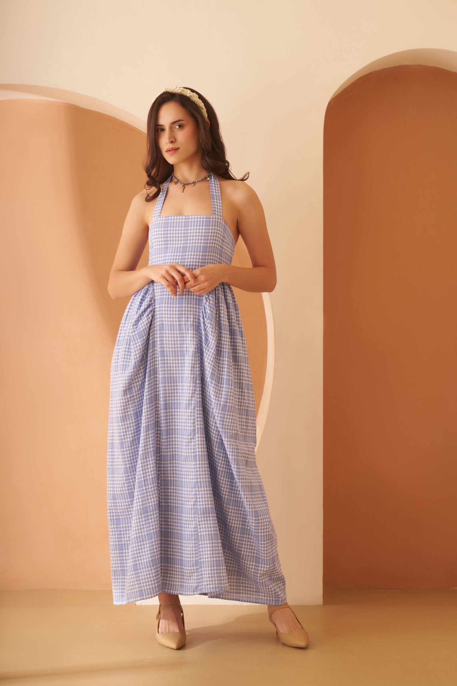 Blue Checked Fit & Flare Midi Dress