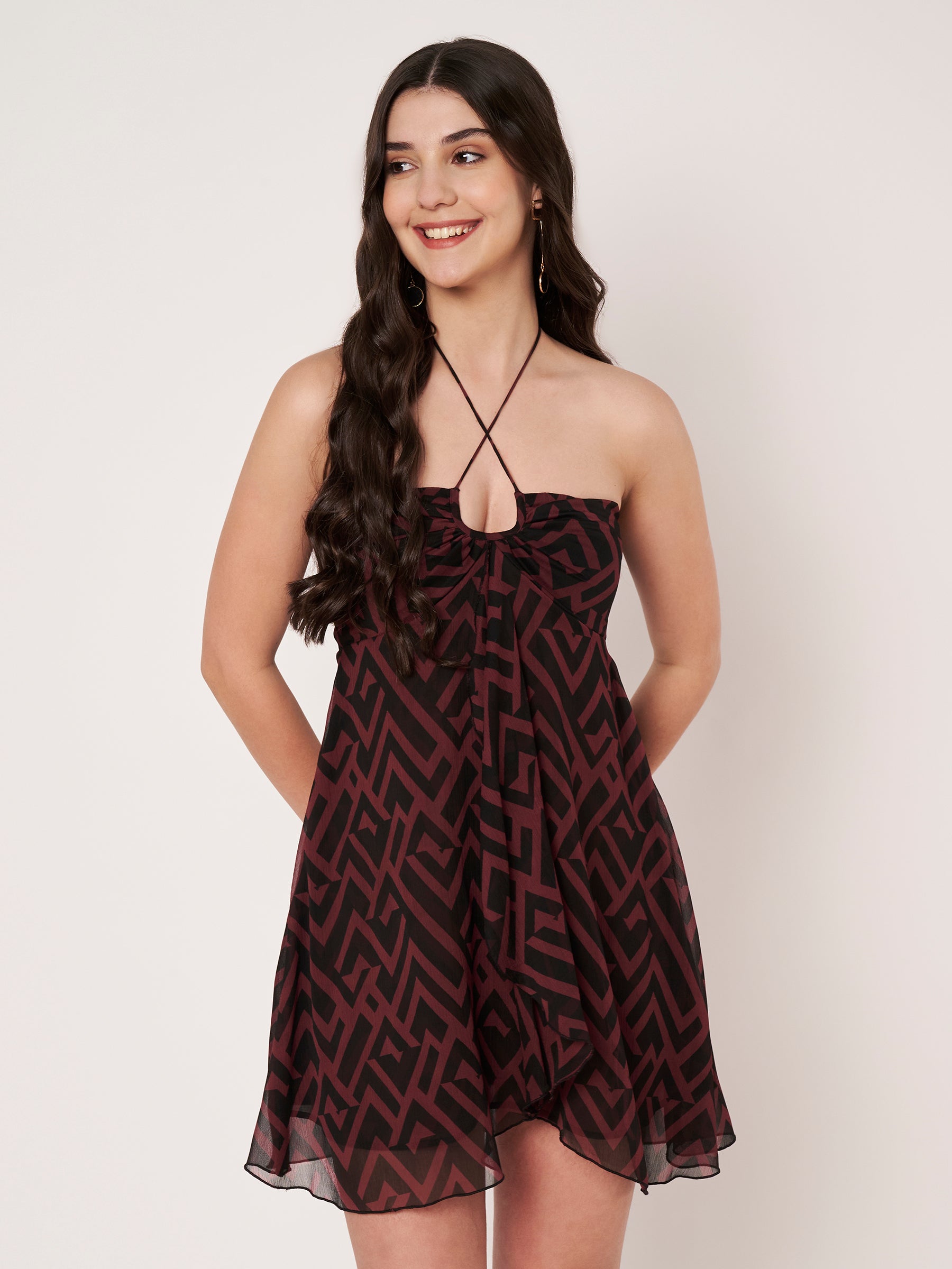 Wine Red Geometric Print Chiffon Mini Dress