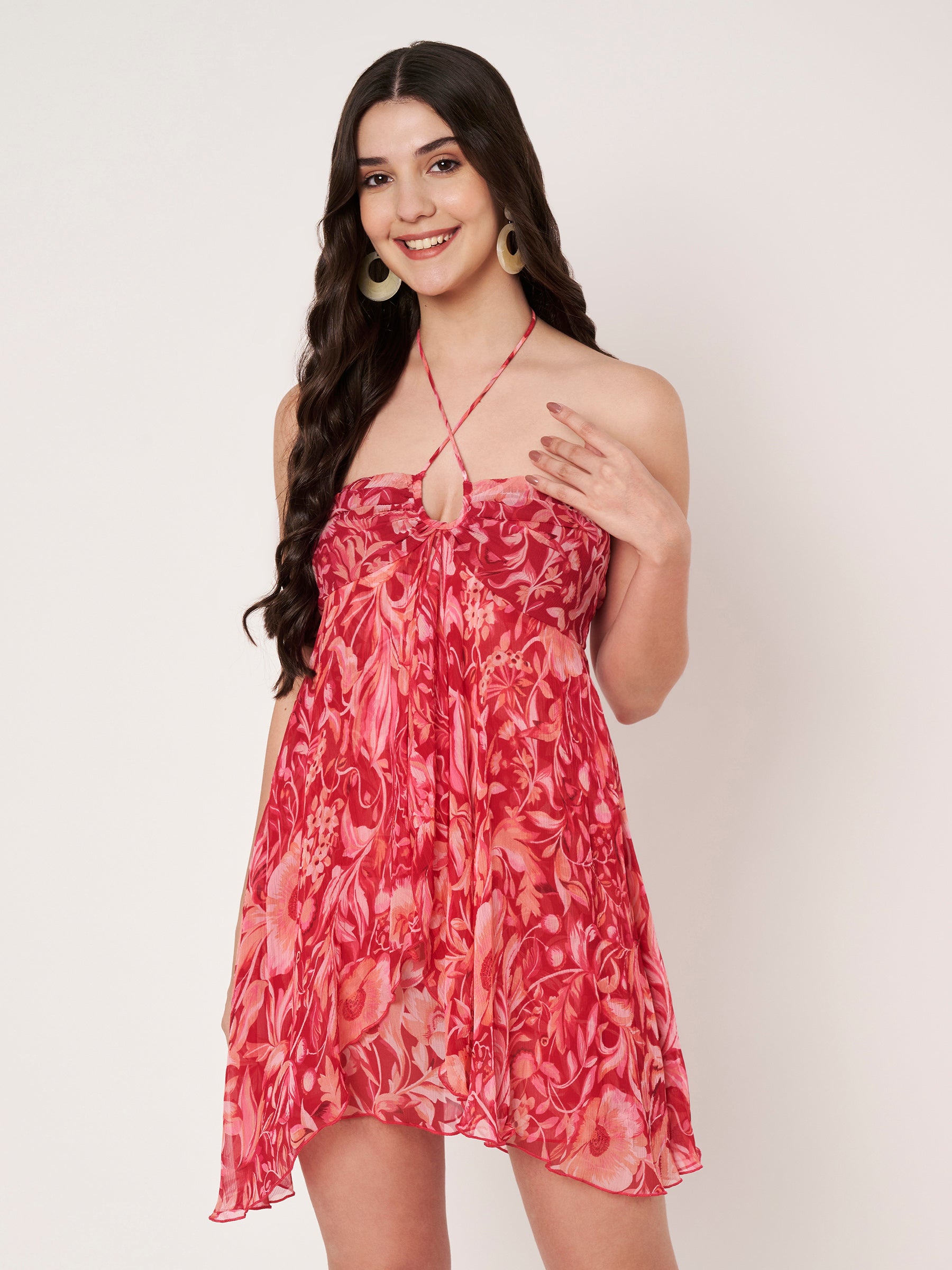 Pink Printed Chiffon Halter Mini Dress