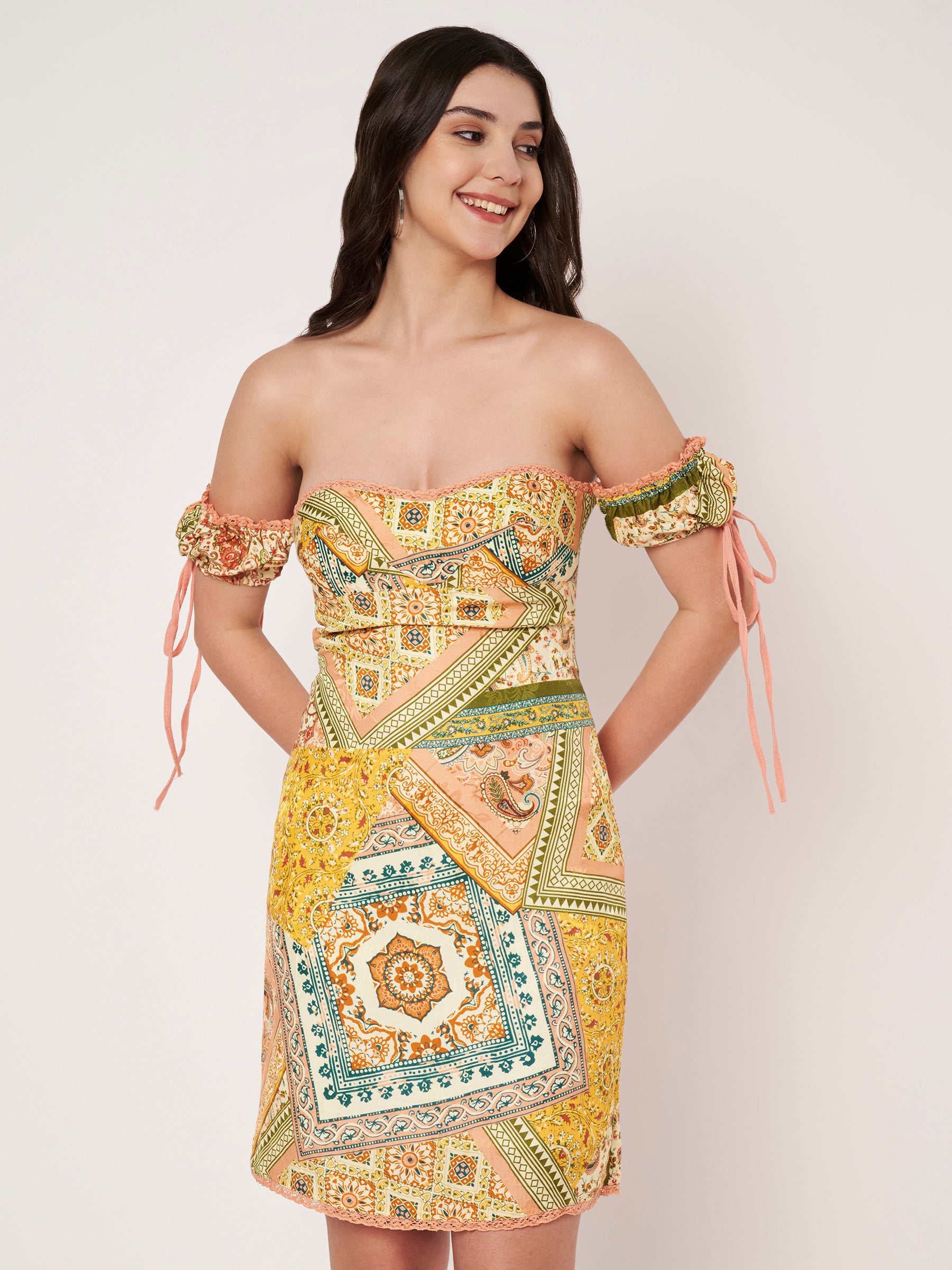 Peach Scarf Print Off Shoulder Mini Dress