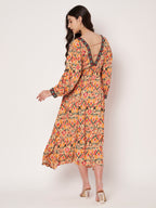 Peach Deep V-Neck Printed Midi Dress