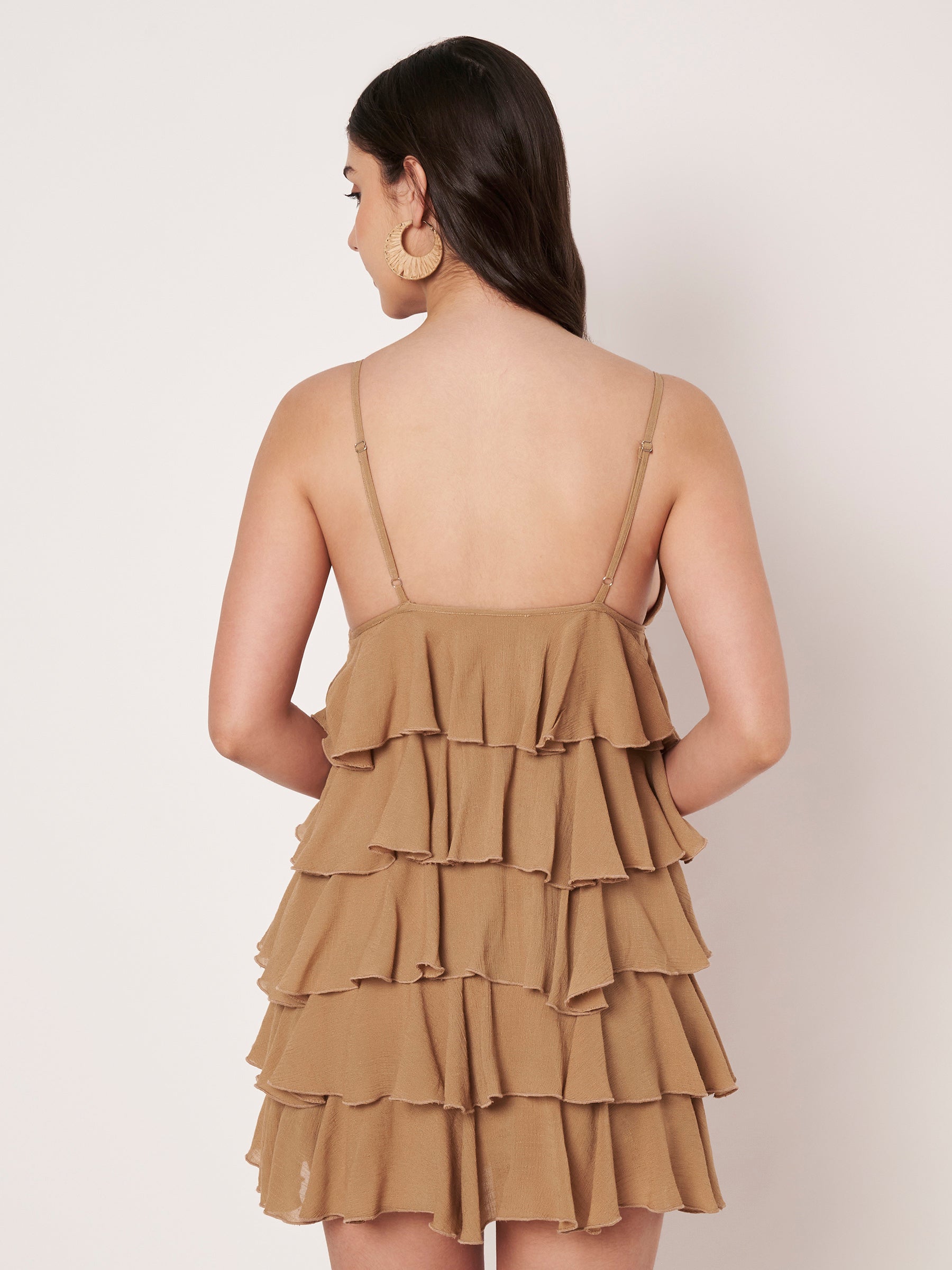 Beige Ruffle Tiered Mini Dress