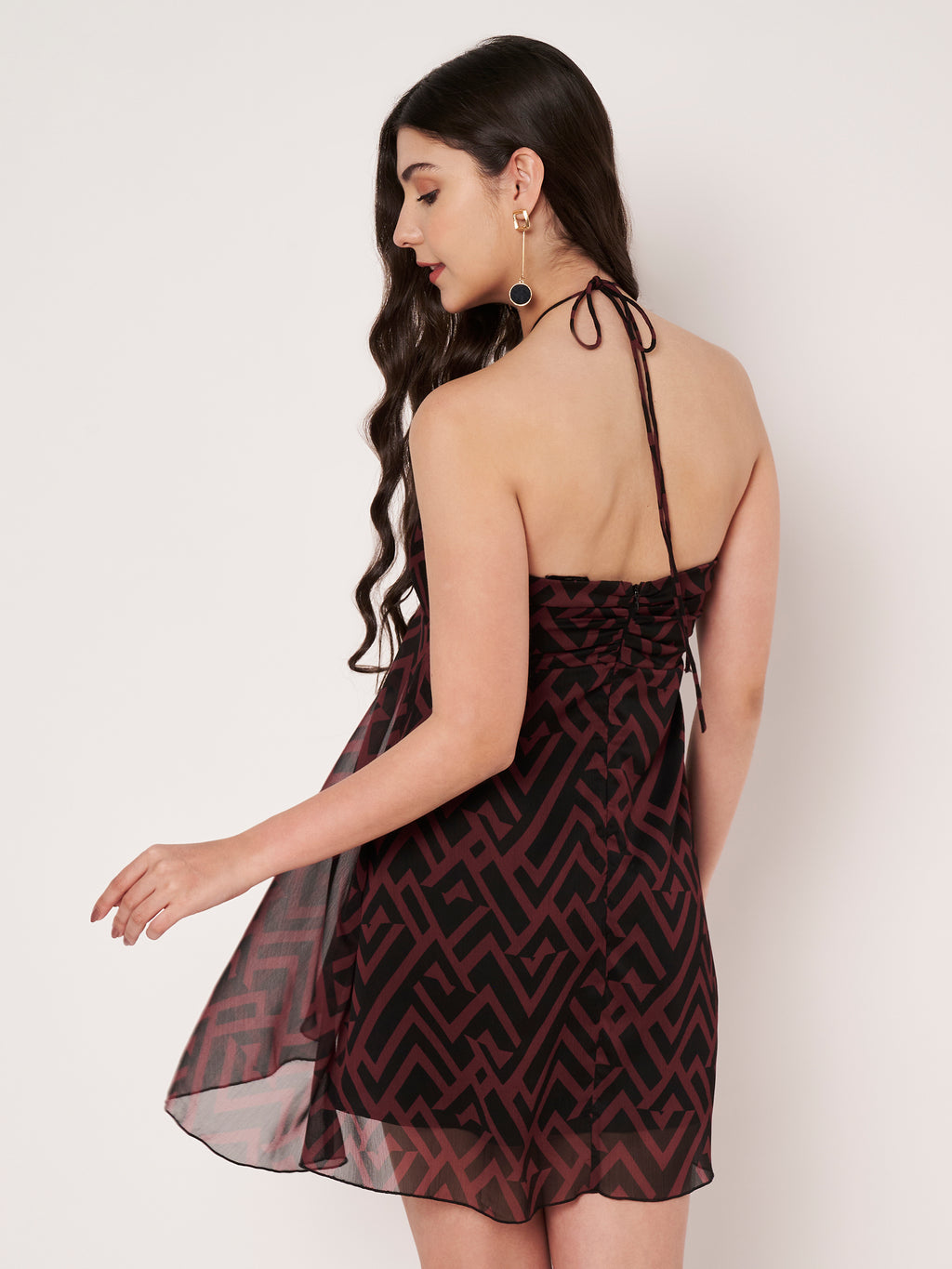Wine Red Geometric Print Chiffon Mini Dress