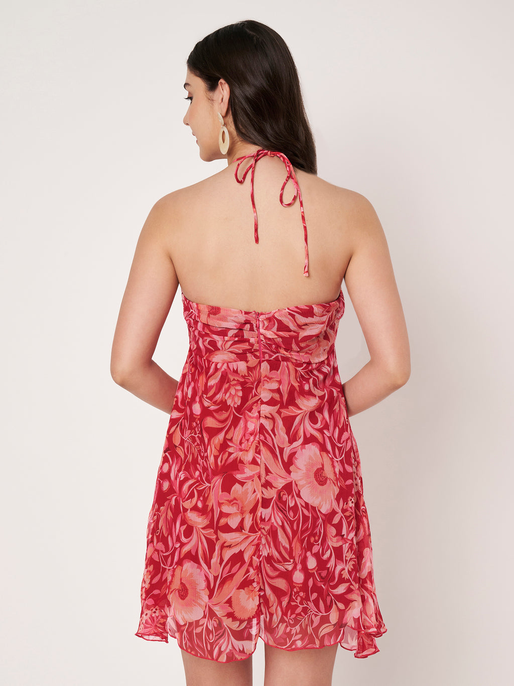 Pink Printed Chiffon Halter Mini Dress