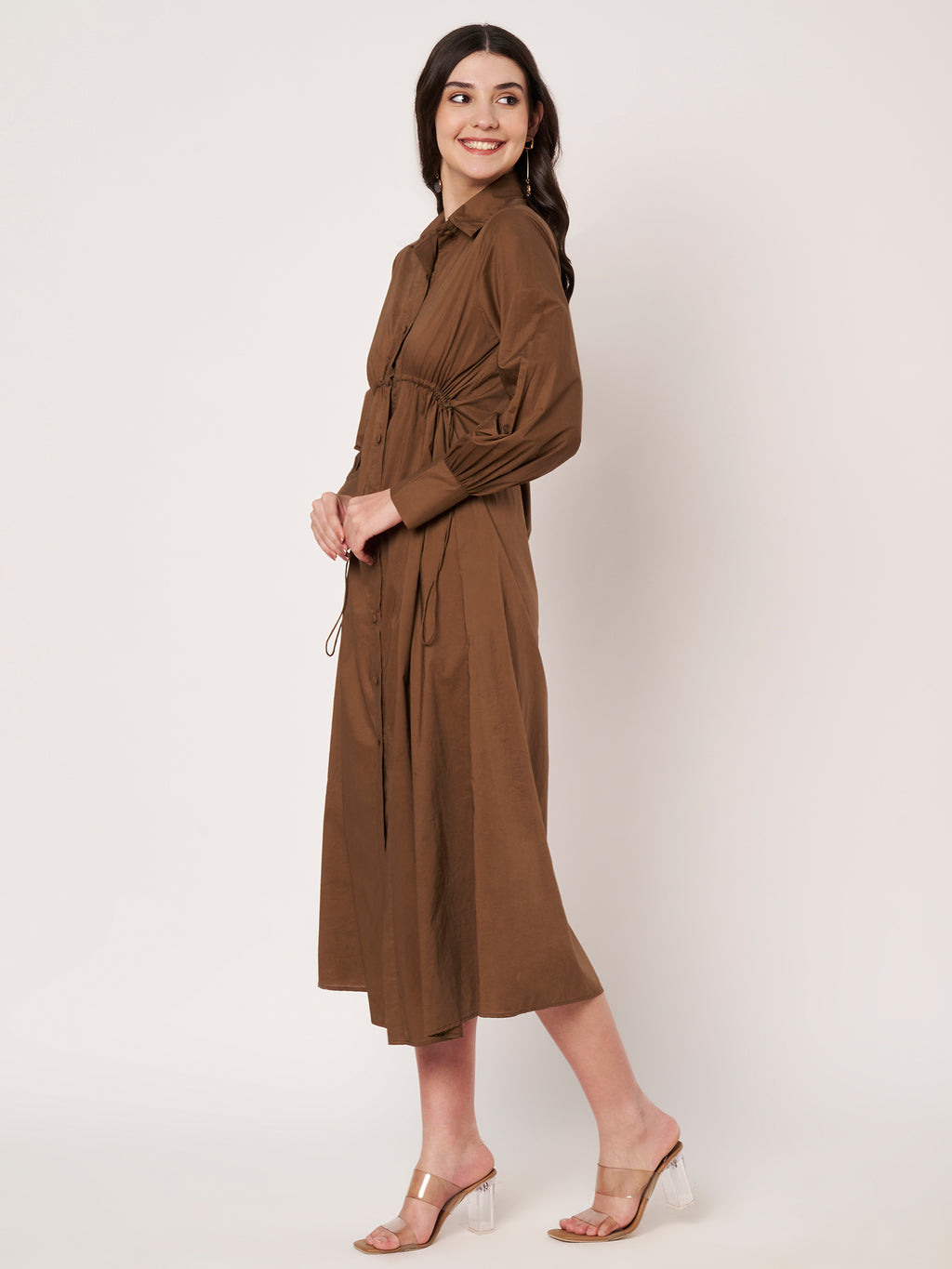 Brown Cotton Poplin Tie-Waist Shirt Dress