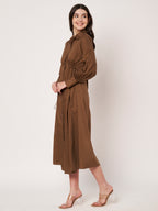 Brown Cotton Poplin Tie-Waist Shirt Dress
