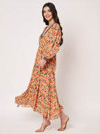 Peach Deep V-Neck Printed Midi Dress