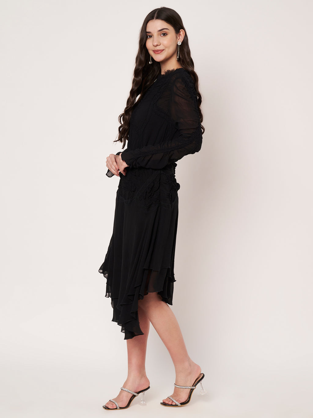 Black Ruched Look Midi Dress
