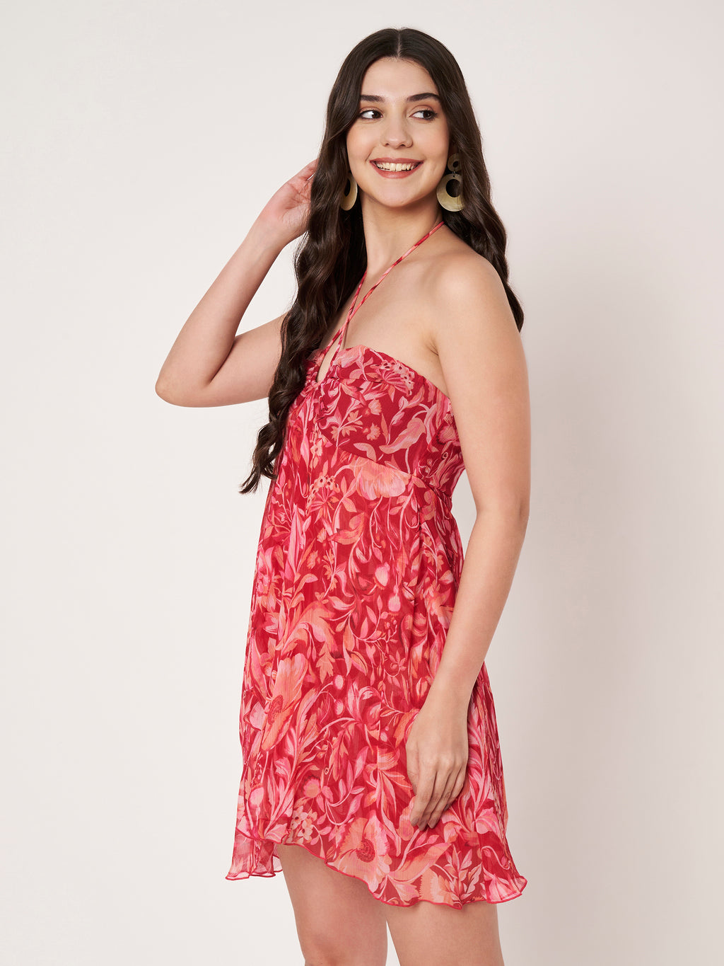 Pink Printed Chiffon Halter Mini Dress