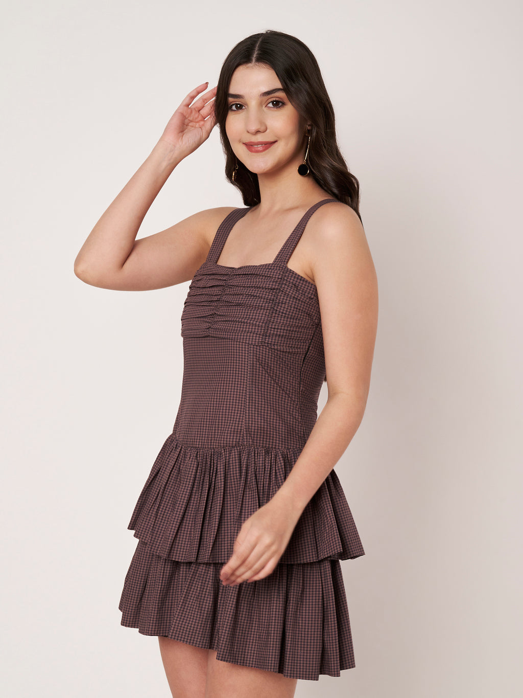 Brown Gingham Tiered Ruffle Mini Dress