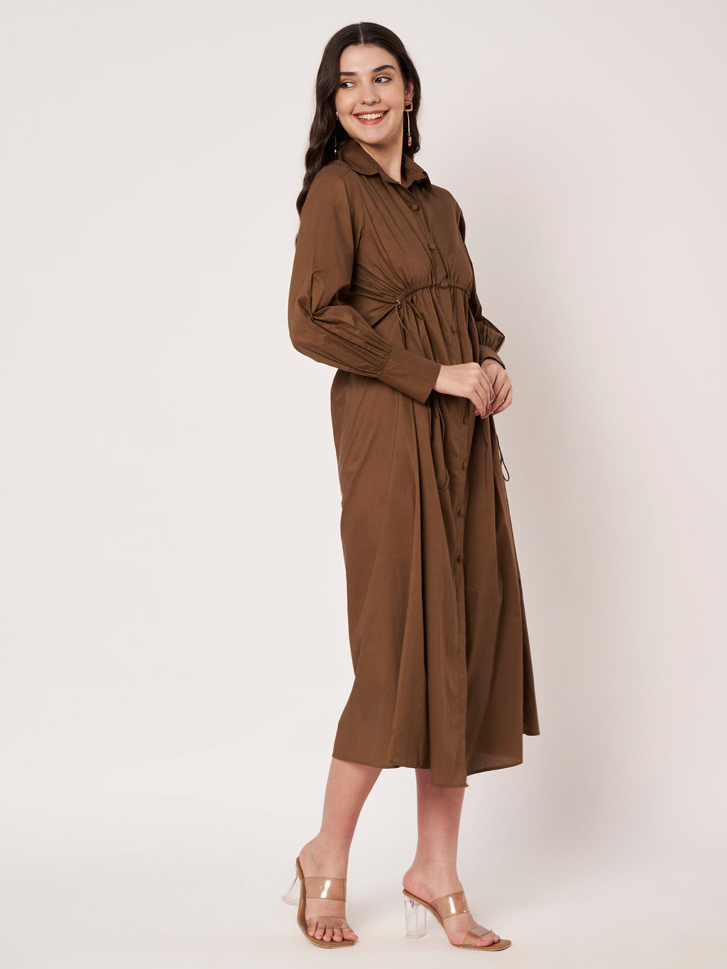 Brown Cotton Poplin Tie-Waist Shirt Dress