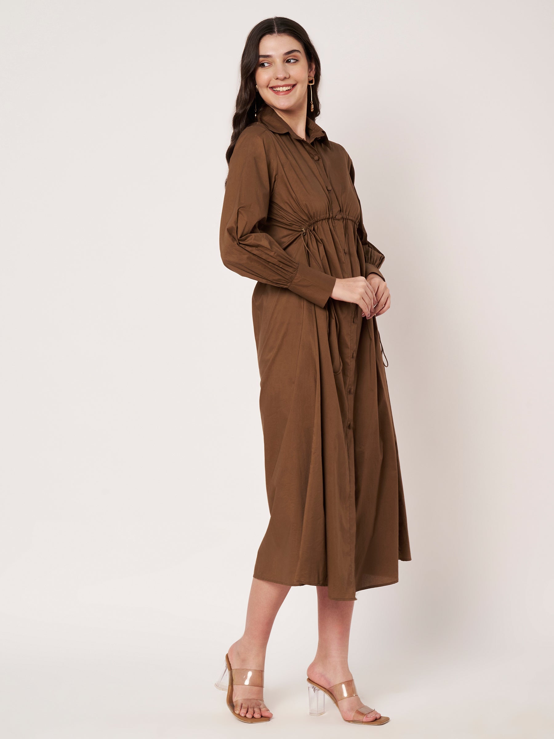 Brown Cotton Poplin Tie-Waist Shirt Dress
