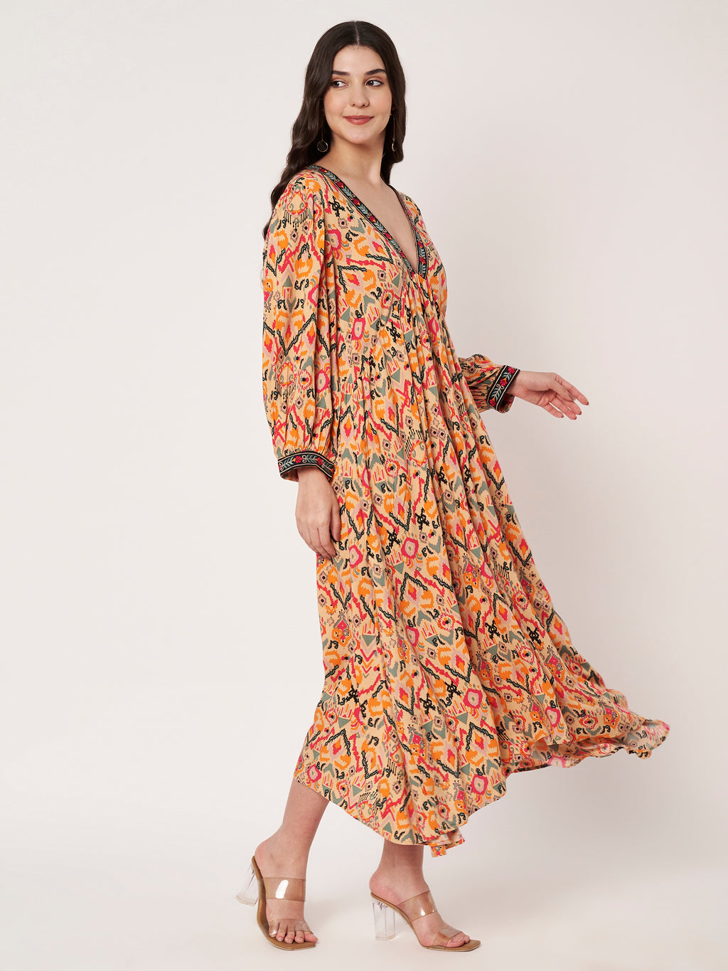 Peach Deep V-Neck Printed Midi Dress
