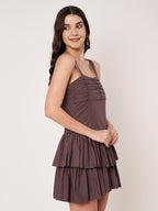 Brown Gingham Tiered Ruffle Mini Dress