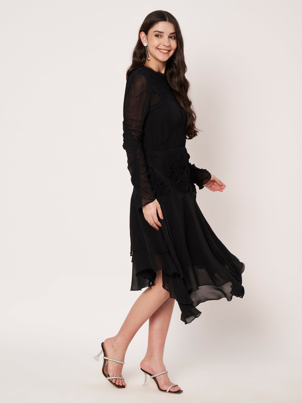 Black Ruched Look Midi Dress