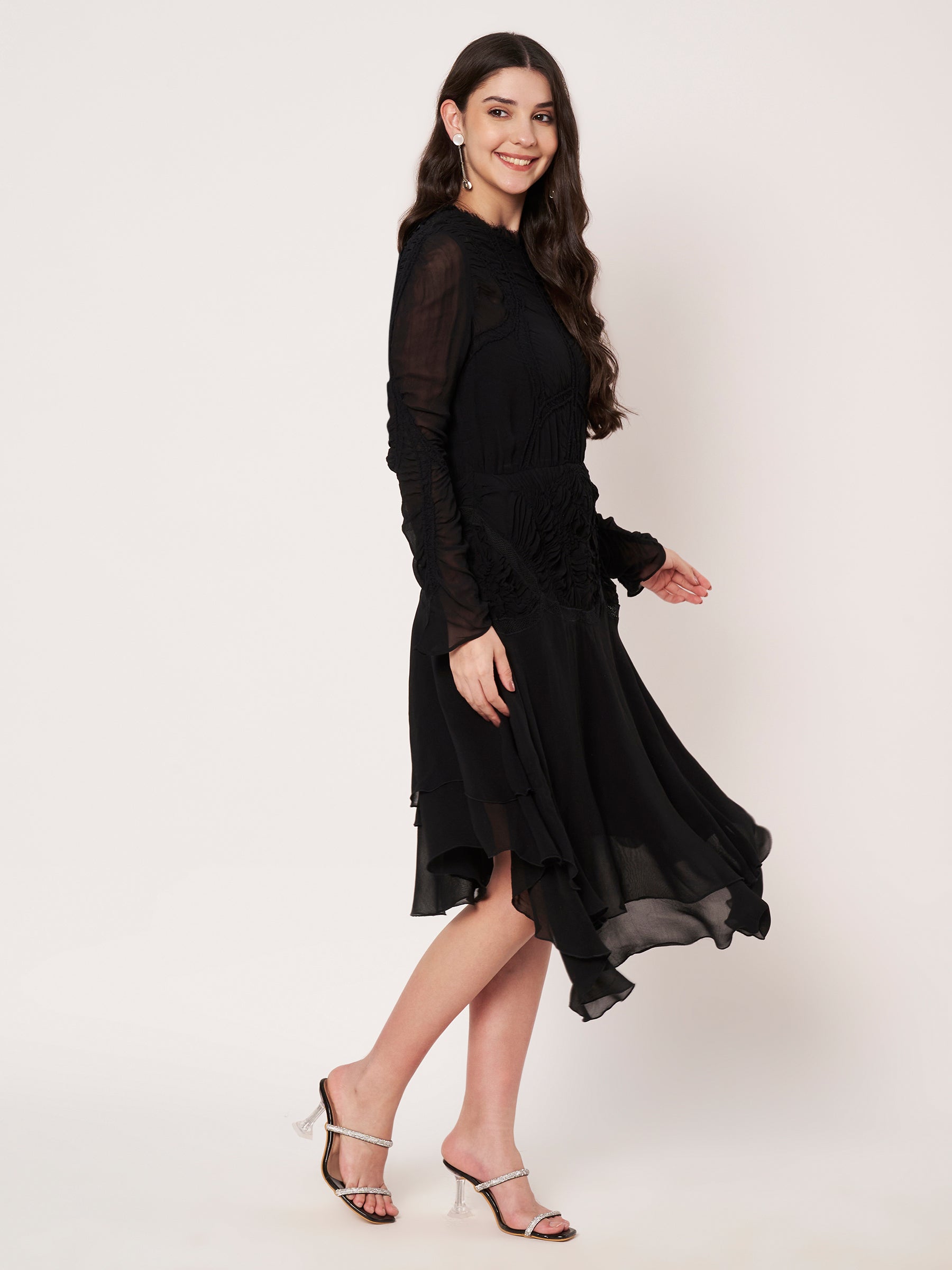Black Ruched Look Midi Dress