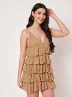 Beige Ruffle Tiered Mini Dress