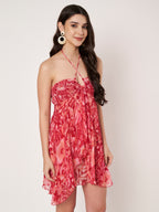 Pink Printed Chiffon Halter Mini Dress