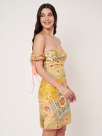 Peach Scarf Print Off Shoulder Mini Dress