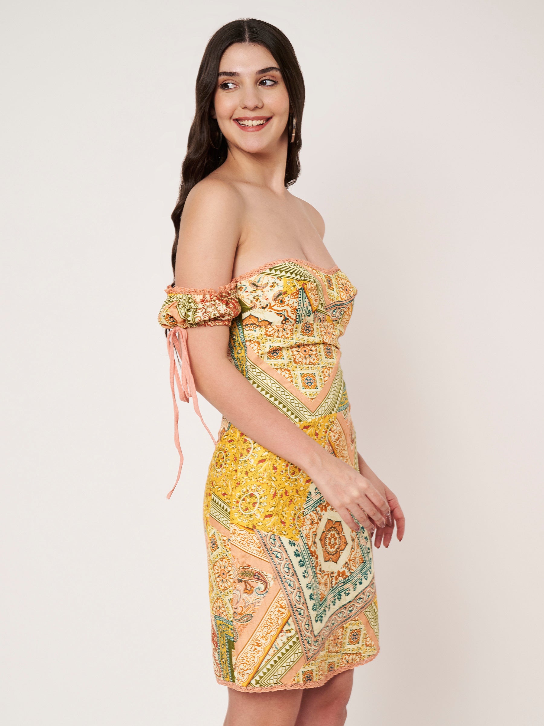 Peach Scarf Print Off Shoulder Mini Dress