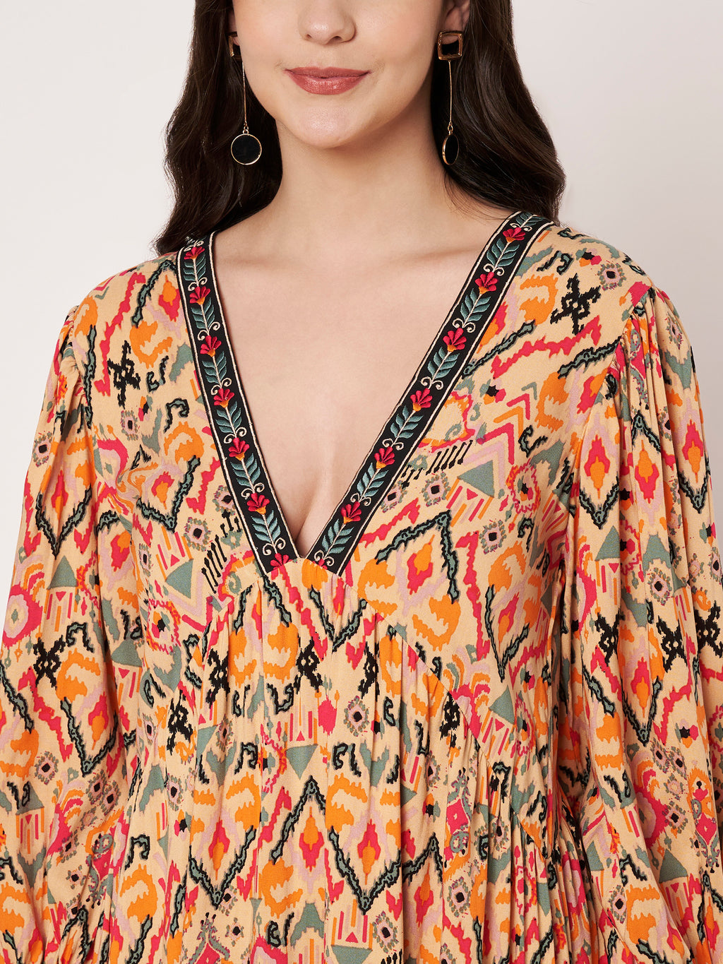 Peach Deep V-Neck Printed Midi Dress