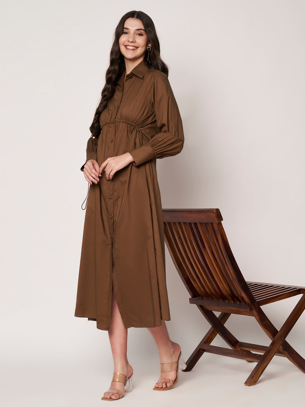 Brown Cotton Poplin Tie-Waist Shirt Dress
