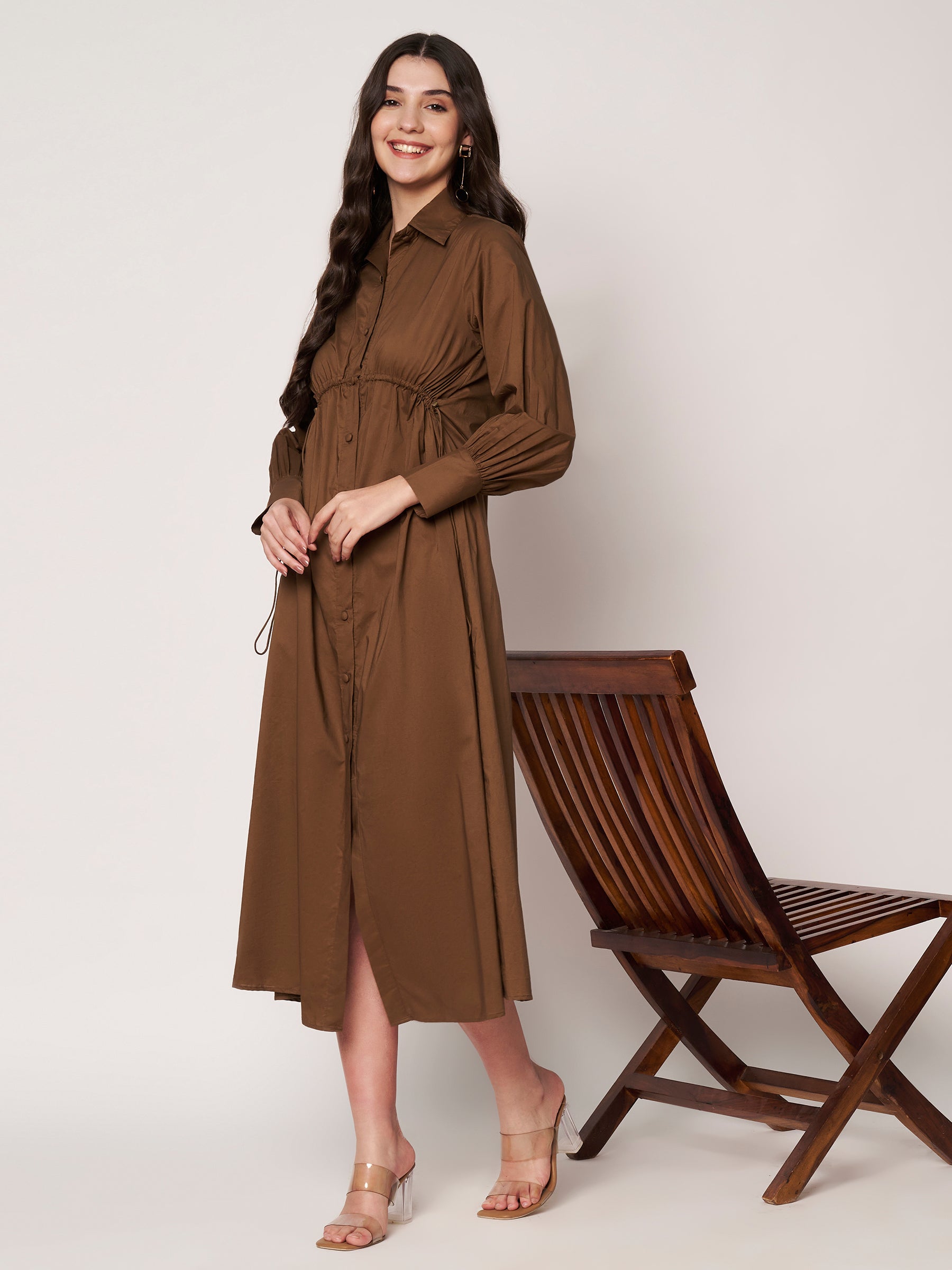 Brown Cotton Poplin Tie-Waist Shirt Dress