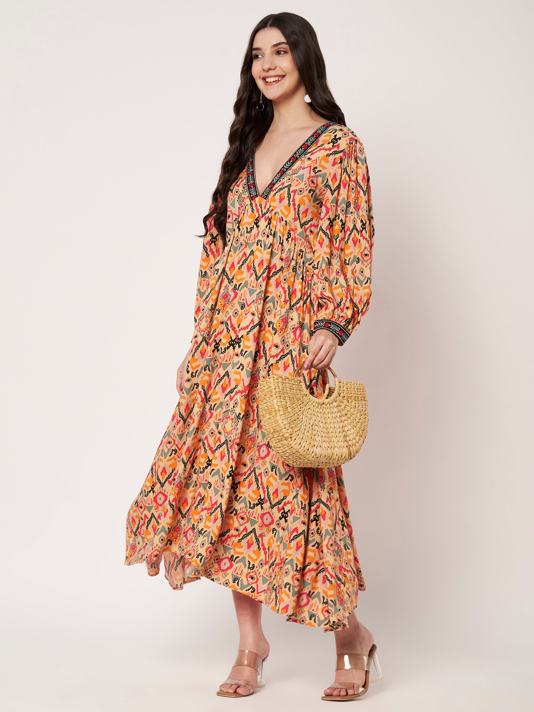 Peach Deep V-Neck Printed Midi Dress