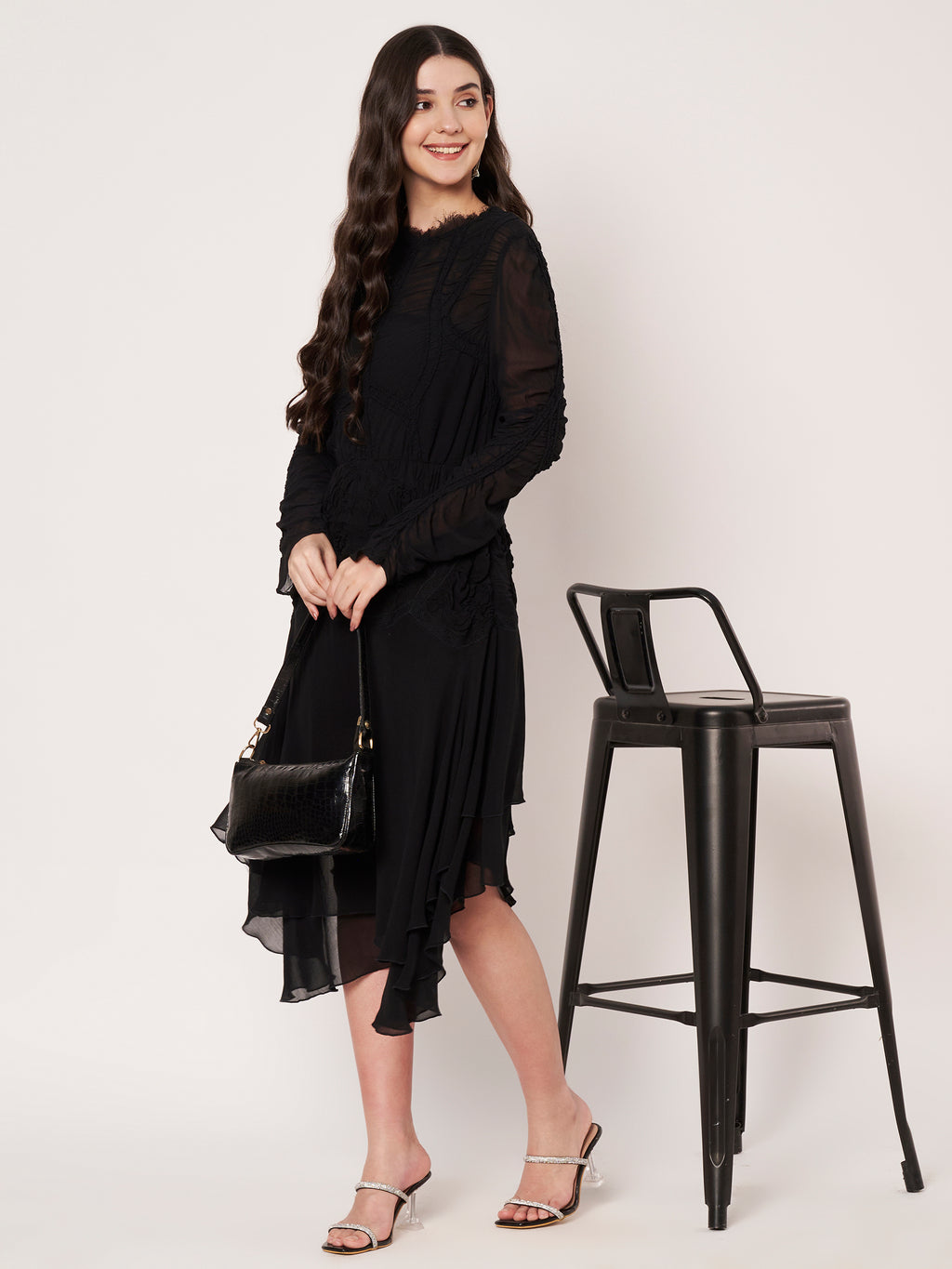 Black Ruched Look Midi Dress