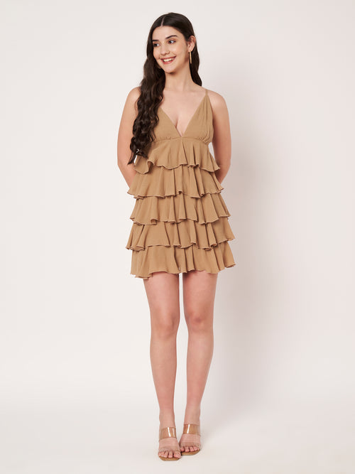 Beige Ruffle Tiered Mini Dress