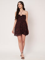 Wine Red Geometric Print Chiffon Mini Dress