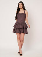 Brown Gingham Tiered Ruffle Mini Dress
