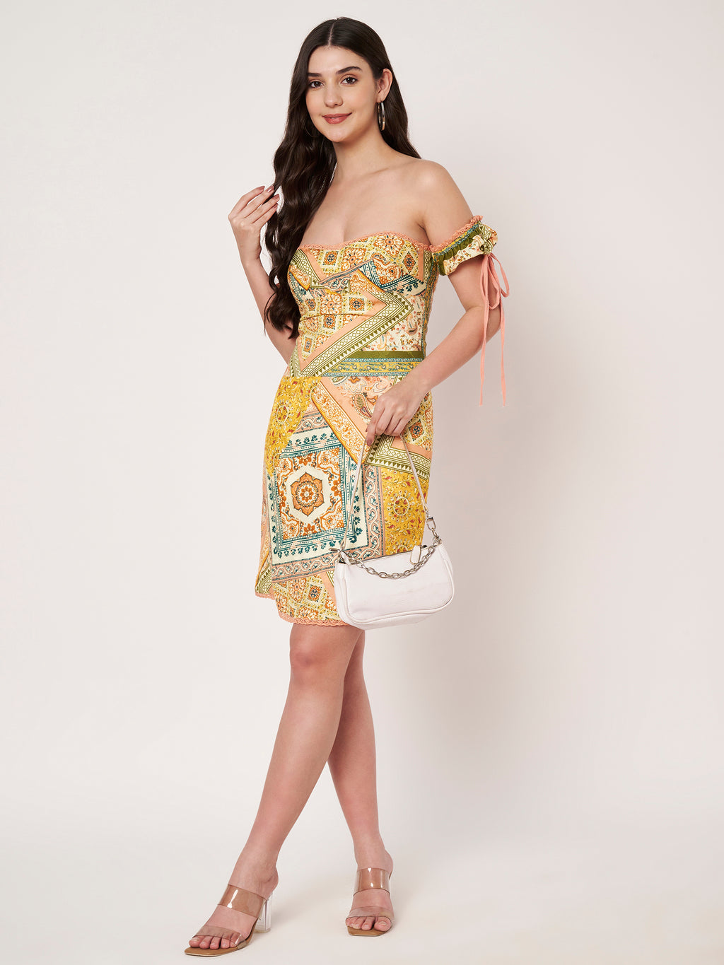 Peach Scarf Print Off Shoulder Mini Dress