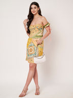 Peach Scarf Print Off Shoulder Mini Dress