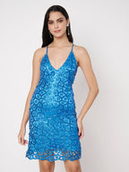 Blue Chemical Lace Slim-Fit Sleeveless Mini Dress