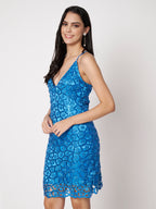 Blue Chemical Lace Slim-Fit Sleeveless Mini Dress