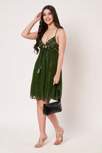 Lurex Green Shoulder Straps Sleeveless Mini Dress