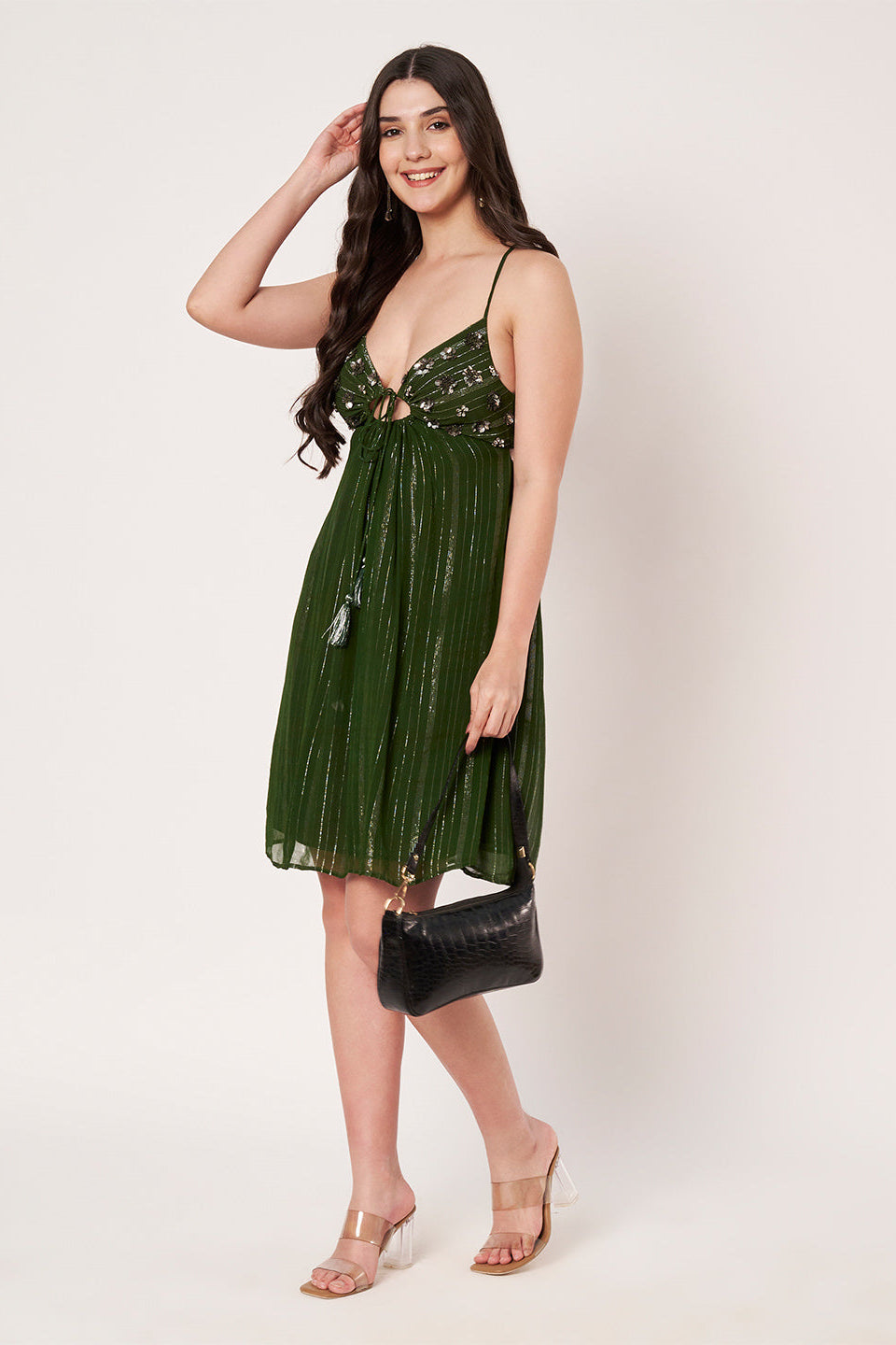 Lurex Green Shoulder Straps Sleeveless Mini Dress