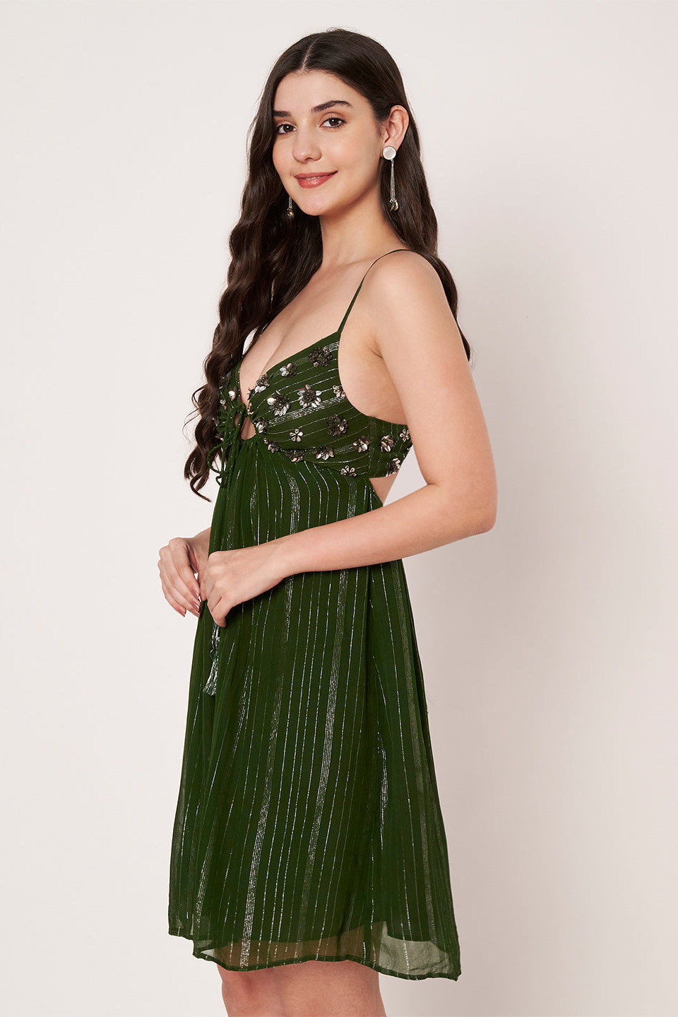 Lurex Green Shoulder Straps Sleeveless Mini Dress