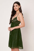Lurex Green Shoulder Straps Sleeveless Mini Dress