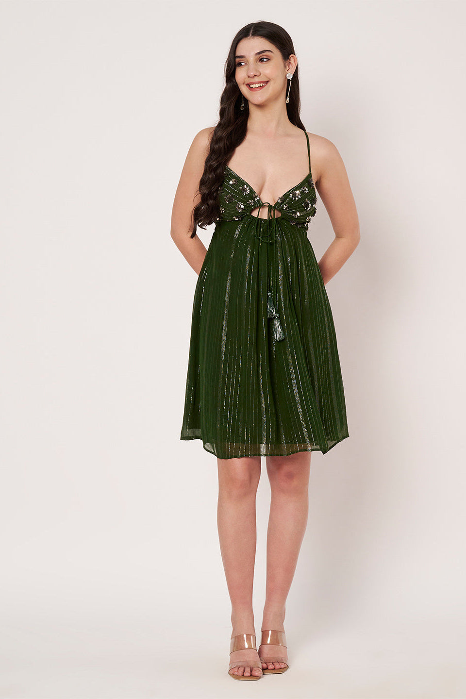 Lurex Green Shoulder Straps Sleeveless Mini Dress