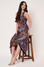 Women Navy Blue Lurex Printed Maxi Dress