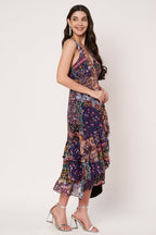 Women Navy Blue Lurex Printed Maxi Dress