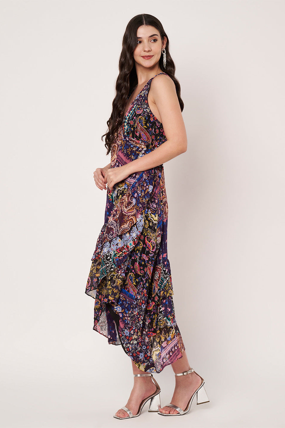 Women Navy Blue Lurex Printed Maxi Dress