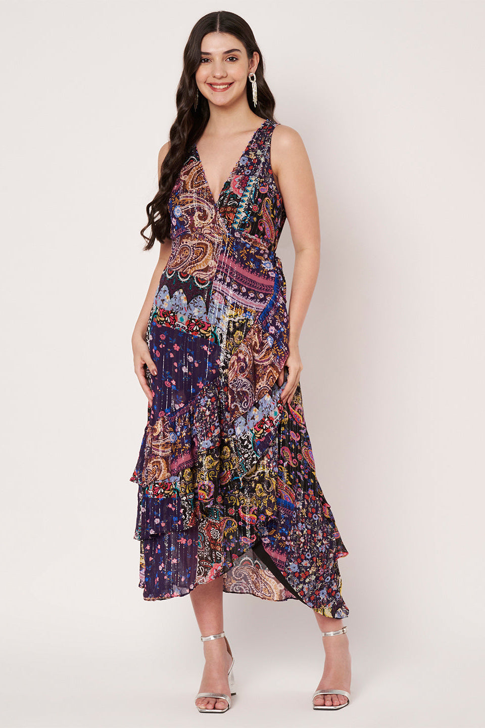 Women Navy Blue Lurex Printed Maxi Dress