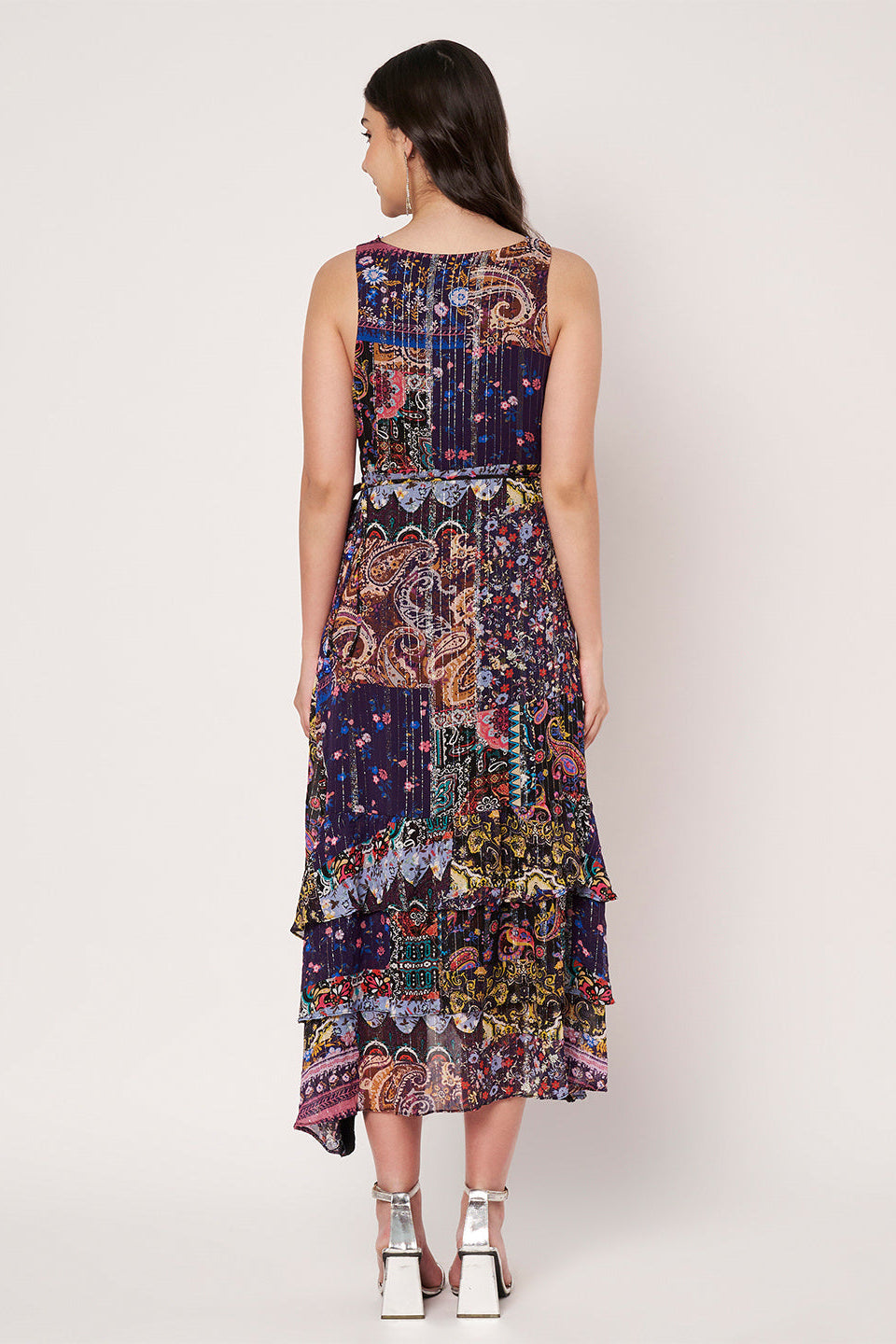 Women Navy Blue Lurex Printed Maxi Dress