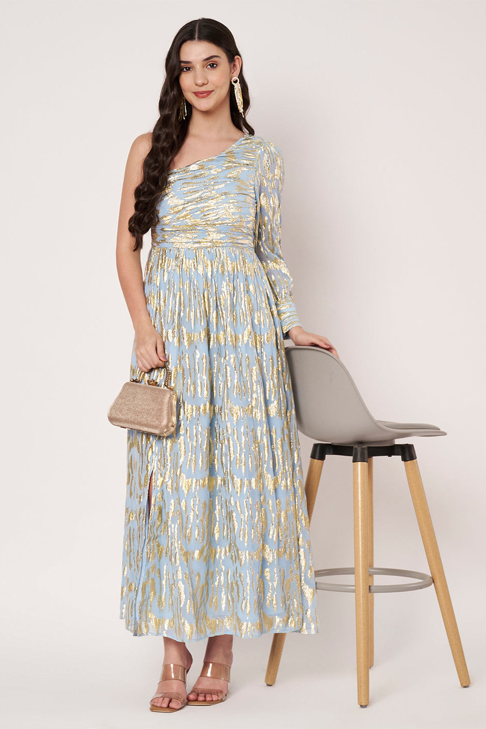 Lurex Blue One Shoulder Full Sleeves Maxi Dress